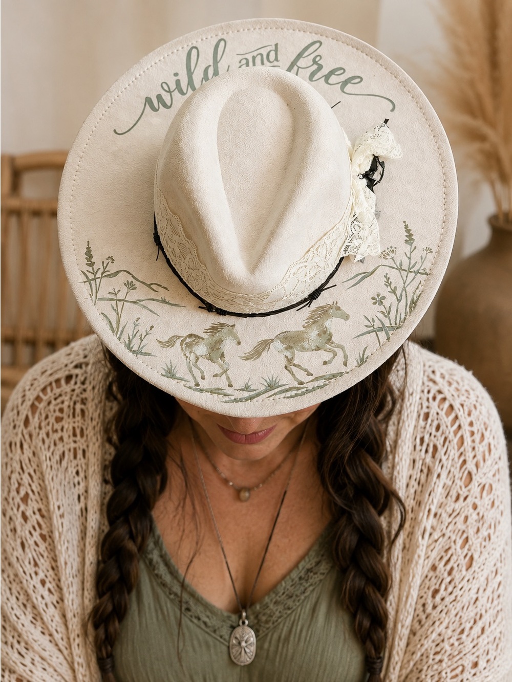 Wild and Free Hand Painted Horse Rancher Hat Cream Western Boho Cowboy No. 8